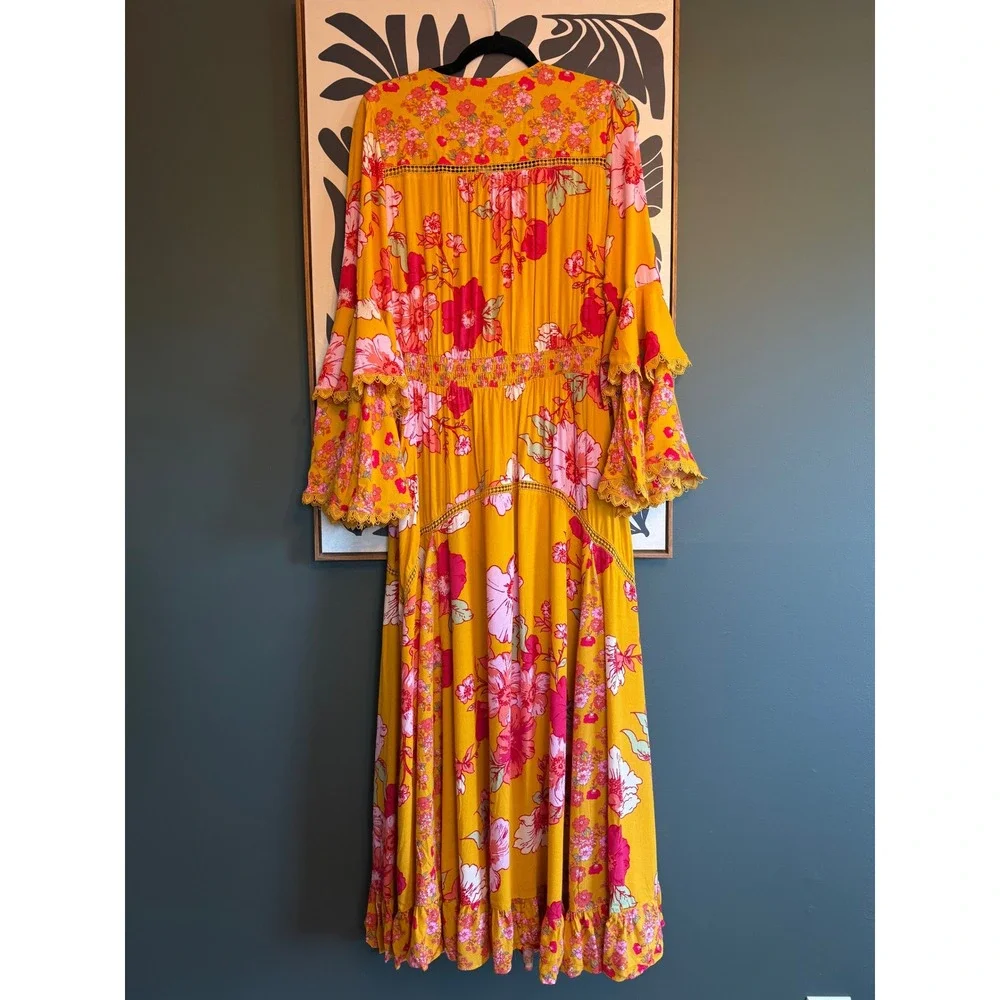 Free People Intimately Penny Printed Maxi Bodysuit Gold Floral Boho Dress M